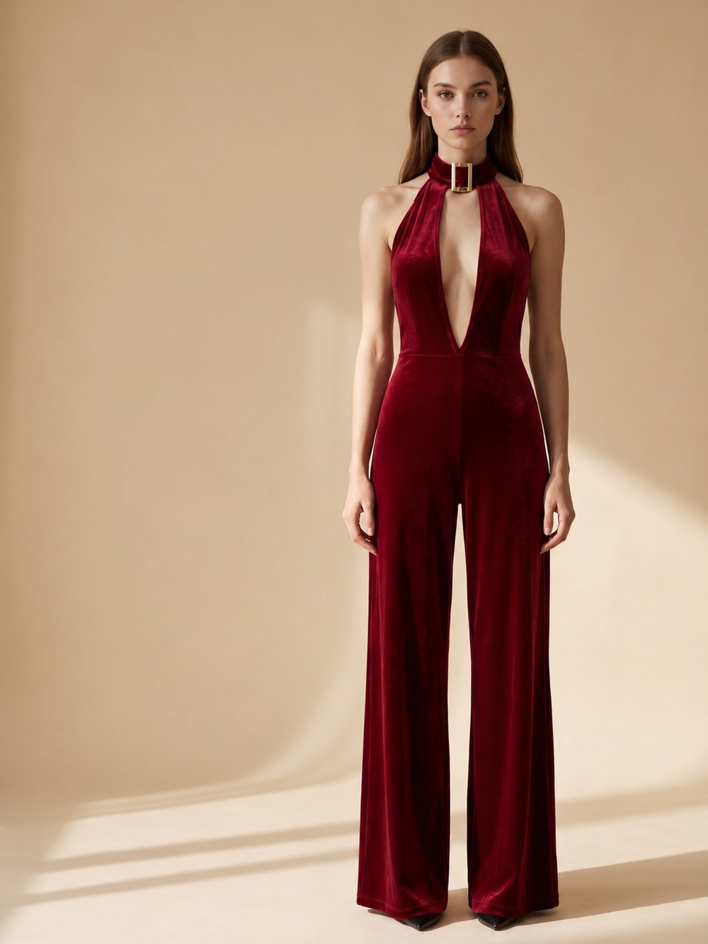 Red Velour Halter Jumpsuit Size Medium Stretch Bodycon Wide Leg Retro Disco